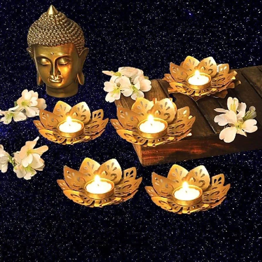 5 Lotus Tealight Candle Holder, Metal For Decoration