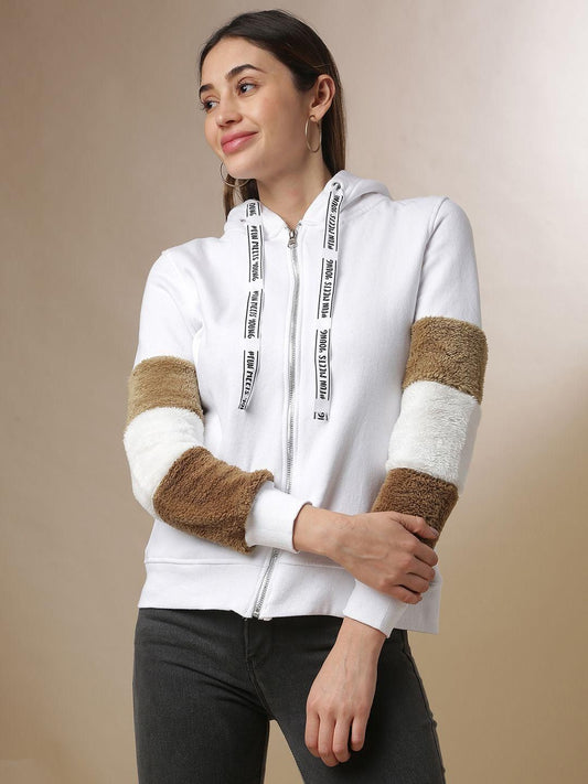 Women's  Cotton White Solid Sweatshirt