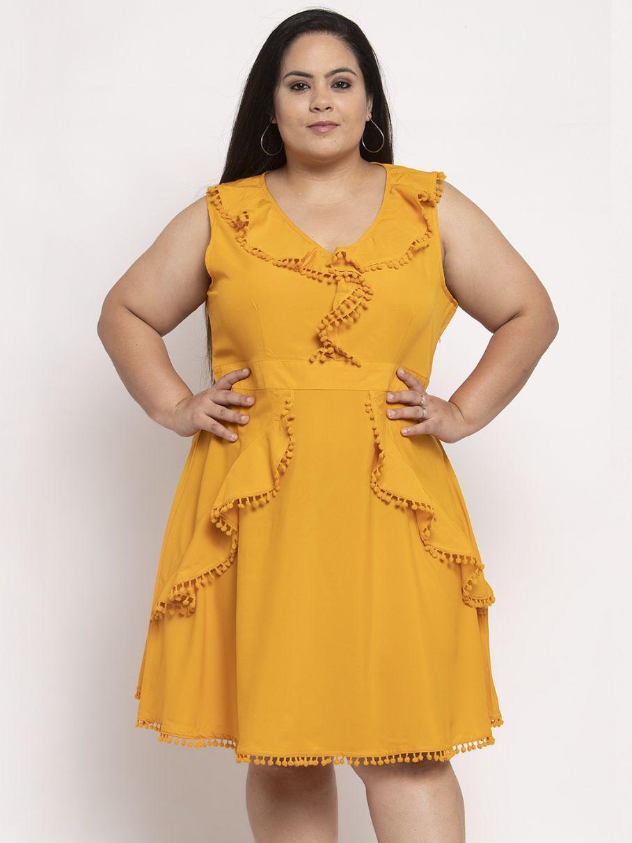 Women's Plus Size Crepe Solid Flared Sleeveless  Short Dress