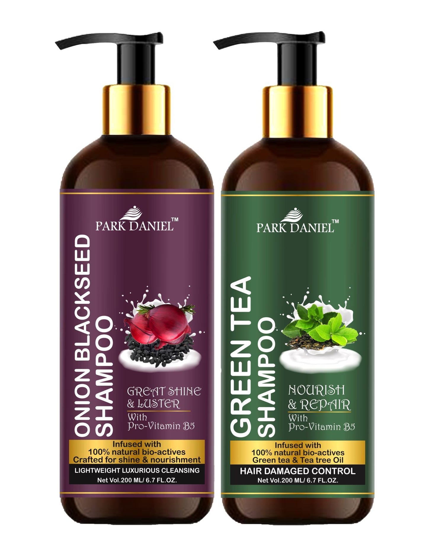 Park Daniel Premium Pure and Natural Onion Blackseed Shampoo & Green Tea Shampoo Combo Pack Of 2 bottle of 200 ml(400 ml)