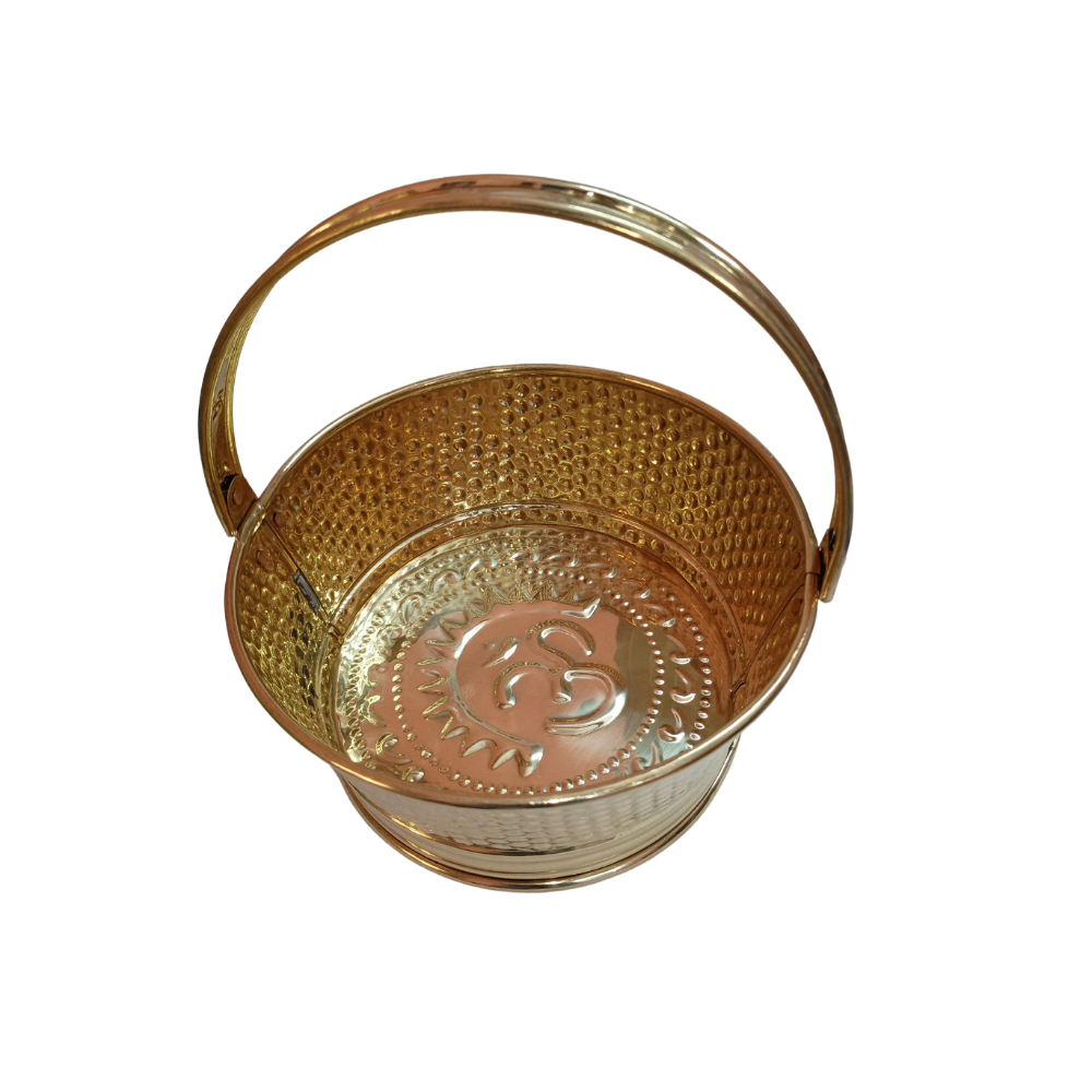 Brass Flower Basket for Pooja | Dots Design Basket For Temple (Diameter 20 cm)