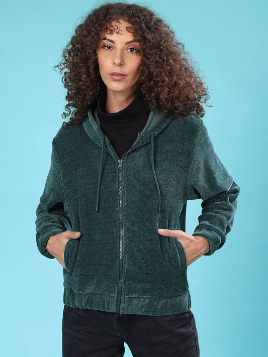 Women's  Cotton Blend Green Solid Sweatshirt