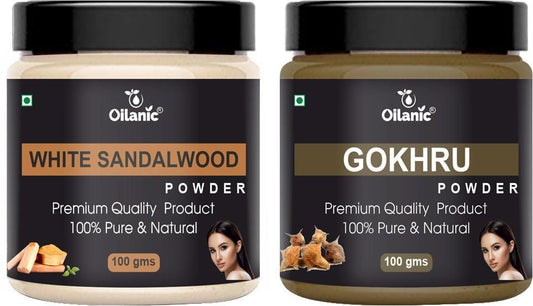 Oilanic  Pure & Natural White Sandalwood & Gokhru Powder- For Skin & Hair Combo Pack of 2 Jar 100gm (200gm)