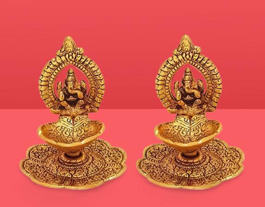 Oxide Metal Decorative Unique Handicraft Ganesh Idol Showpiece with Oil Lamp Diya (Pack of 2)