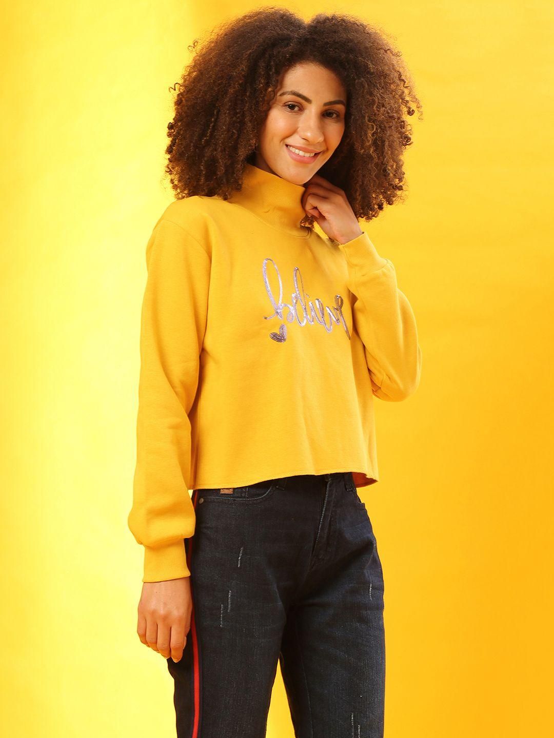 Women's  Cotton Yellow Embellished Sweatshirt