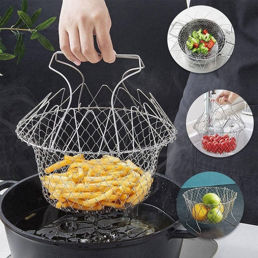 Frying Basket-Multi Function Chef Basket 12-in-1 Stainless Steel Foldable Kitchen Tool for Rinse, Cook, Deep Fry