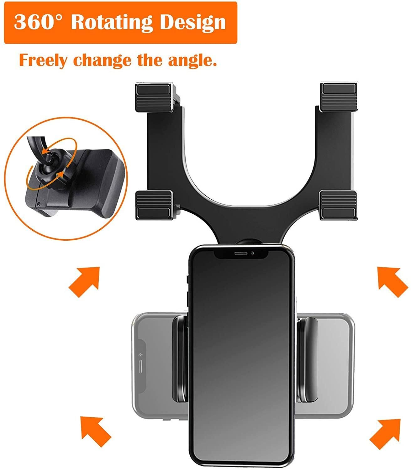 Phone Holder- 270 degree Swivel Car Rearview Mirror Phone Holder with Adjustable Clips