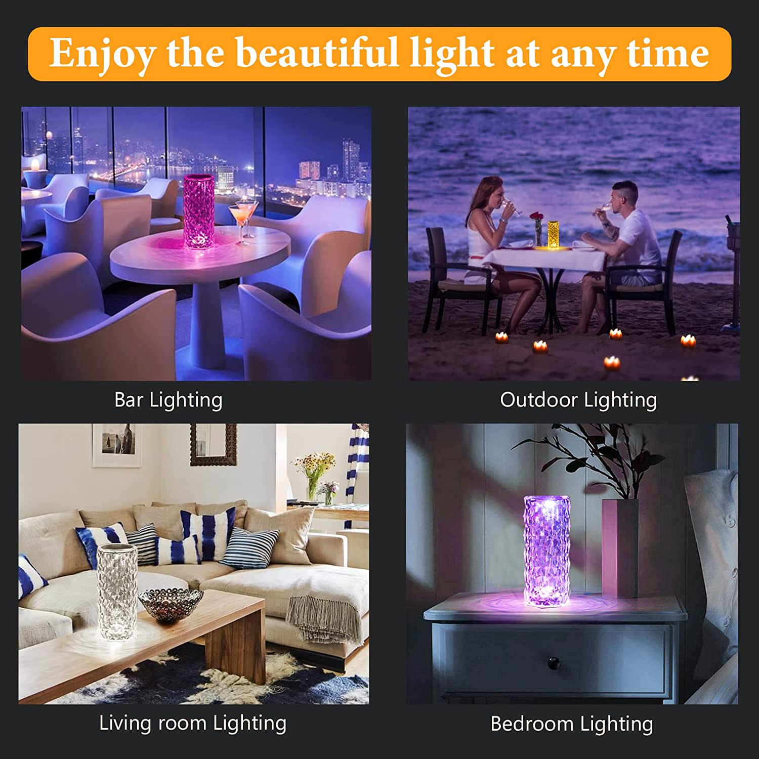 Touch Table Lamp Crystal LED Night Light, 16 Colors Rechargeable Rose Diamond Table Lamp with Touch Control, USB Table Lamps, Romantic iPretty Lighting Decor for Bedroom (Multi-Color)