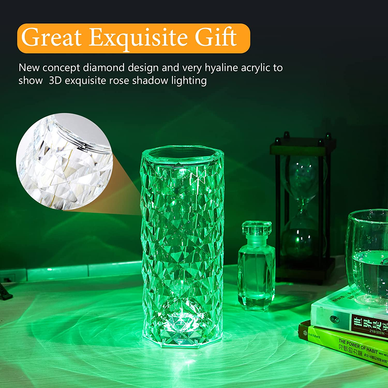 Touch Table Lamp Crystal LED Night Light, 16 Colors Rechargeable Rose Diamond Table Lamp with Touch Control, USB Table Lamps, Romantic iPretty Lighting Decor for Bedroom (Multi-Color)