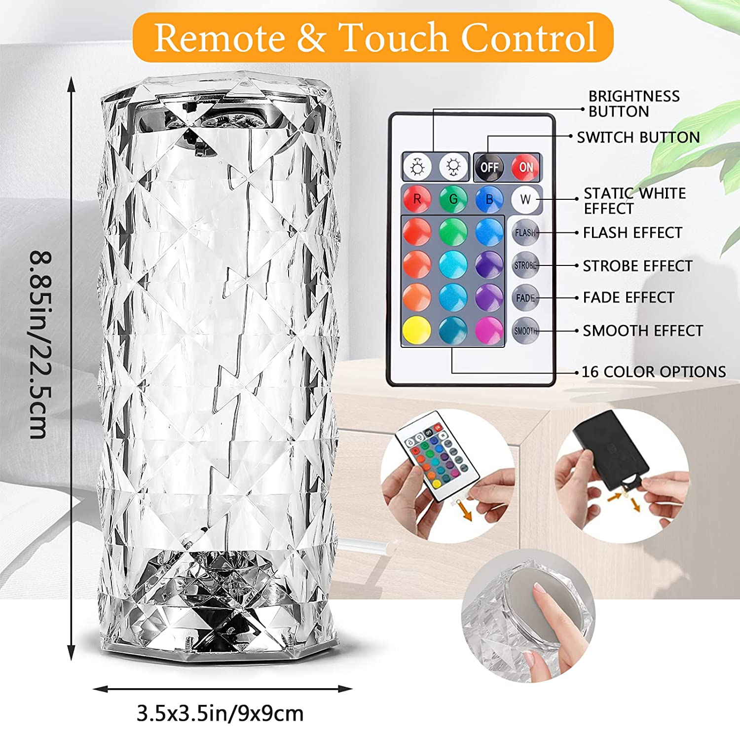 Touch Table Lamp Crystal LED Night Light, 16 Colors Rechargeable Rose Diamond Table Lamp with Touch Control, USB Table Lamps, Romantic iPretty Lighting Decor for Bedroom (Multi-Color)