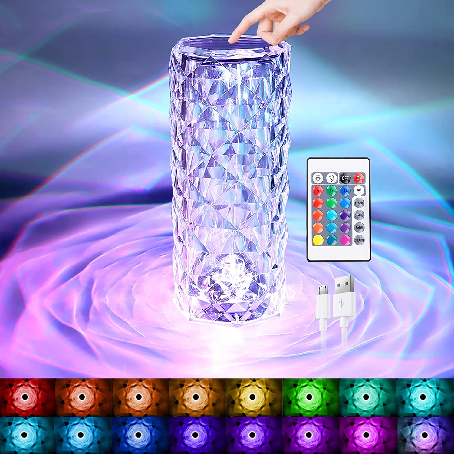 Touch Table Lamp Crystal LED Night Light, 16 Colors Rechargeable Rose Diamond Table Lamp with Touch Control, USB Table Lamps, Romantic iPretty Lighting Decor for Bedroom (Multi-Color)