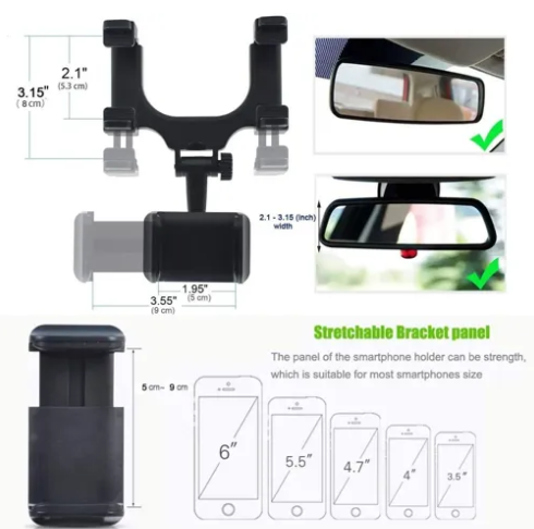 iPretty Mobile Stand Holder for Car Rearview 360 Degree Rotation Adjustable Anti Vibration Car Phone Holder for Rear View Mirror Mount Stand - Supports Mobile Up to 6.5 inch Smartphones