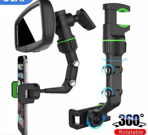 iPretty 360 Degree Rotation Universal Adjustable Car Mount Holder for Rear View Mirror with Anti-Vibration Pads Stand, Supports Up to 6.9 inch Mobiles (Black)