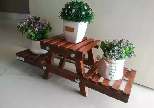 Handicrafts Wood Plant Stand With 3 Decks, Brown, 64 x 23 x 29 cm, 1 Piece
