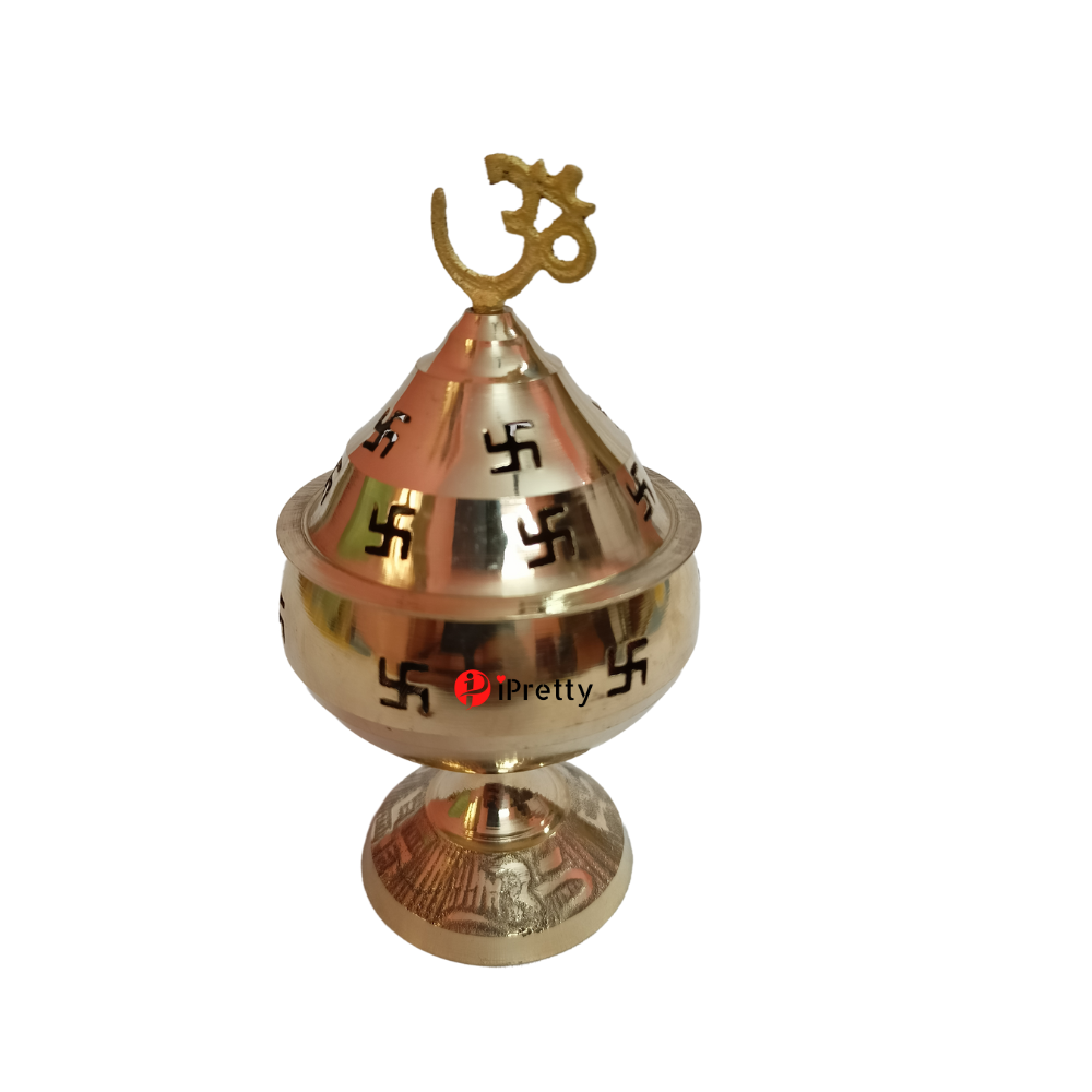 iPretty Brass Akhand Jyoti Swastik Diya with Cover | Brass Diya for Pooja (Height 12cm)