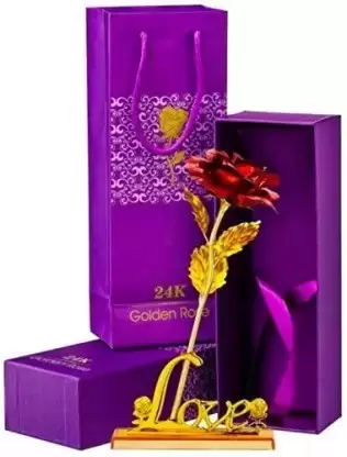 Red Gold Rose with Love Stand | Special and Precious Gold Rose Artificial Flower for occasions like Valentine day, Someone Special, Loved one | Decorative Showpiece for Birthday Gift, Return Gift and Home Decoration